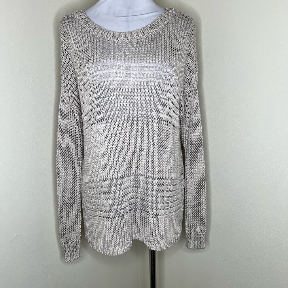 Vince Sweater Medium Loose Open Knit Relaxed Fit Boat Neck Beige Drop Shoulder